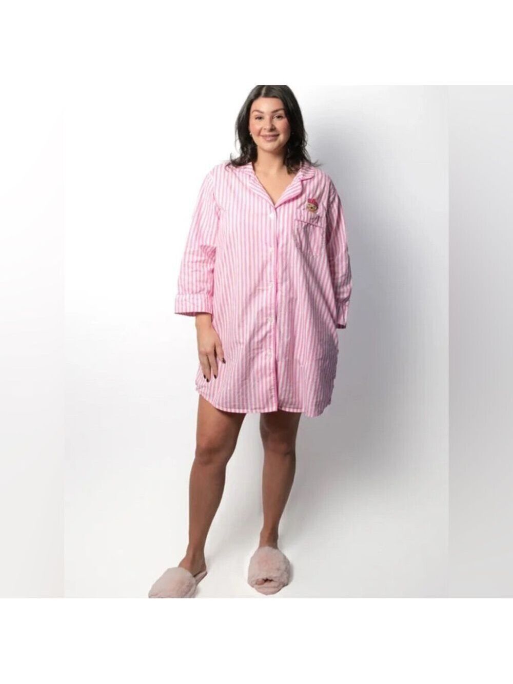 BON I ARTIS LONG SHIRT PRINK STRIPED  PYJAMAS WITH EMBROIDERY SZ SMALL